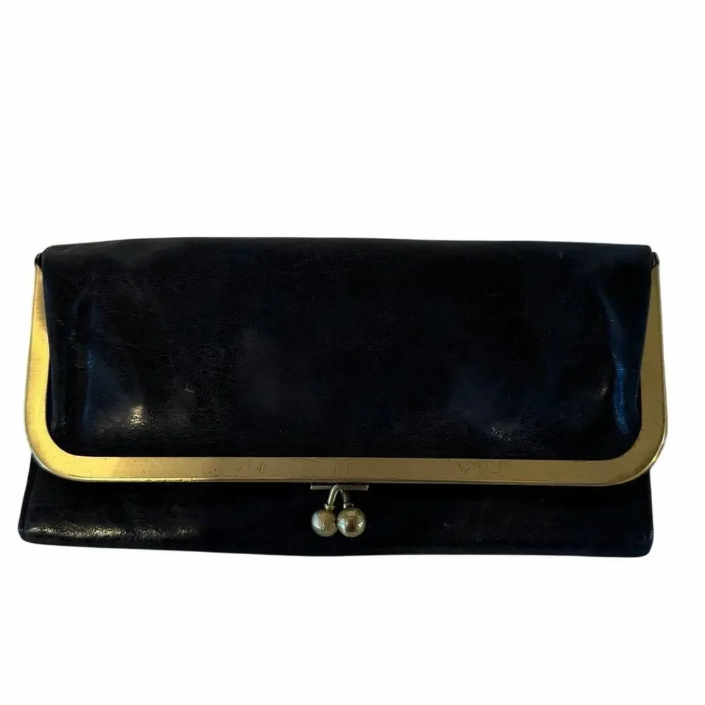 Hobo Clutch Purse Bronze Hardware Inner Pocket Leather Kiss Lock Black